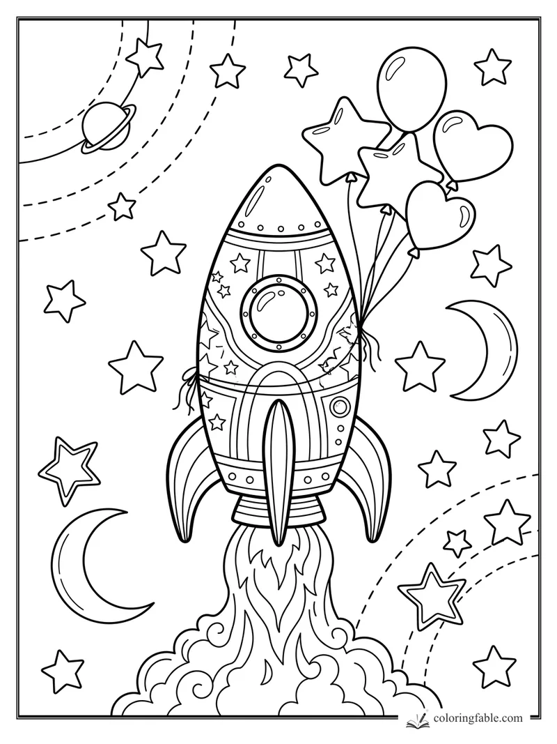 Decorated rocket launching with star balloons, crescent moons, planets, stars, and a fiery cloud plume.