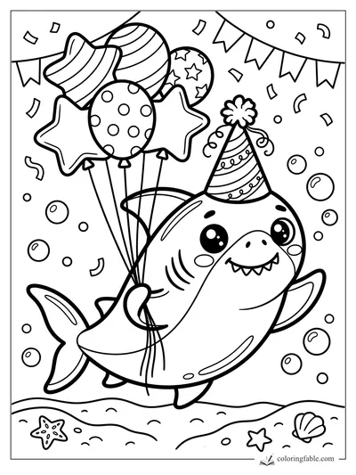 Kawaii shark wearing a party hat and holding star and round balloons under bunting and confetti.