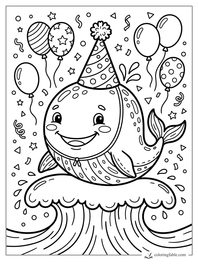 Smiling cartoon whale in a party hat rides a frosting-like wave with balloons, stars, and confetti.