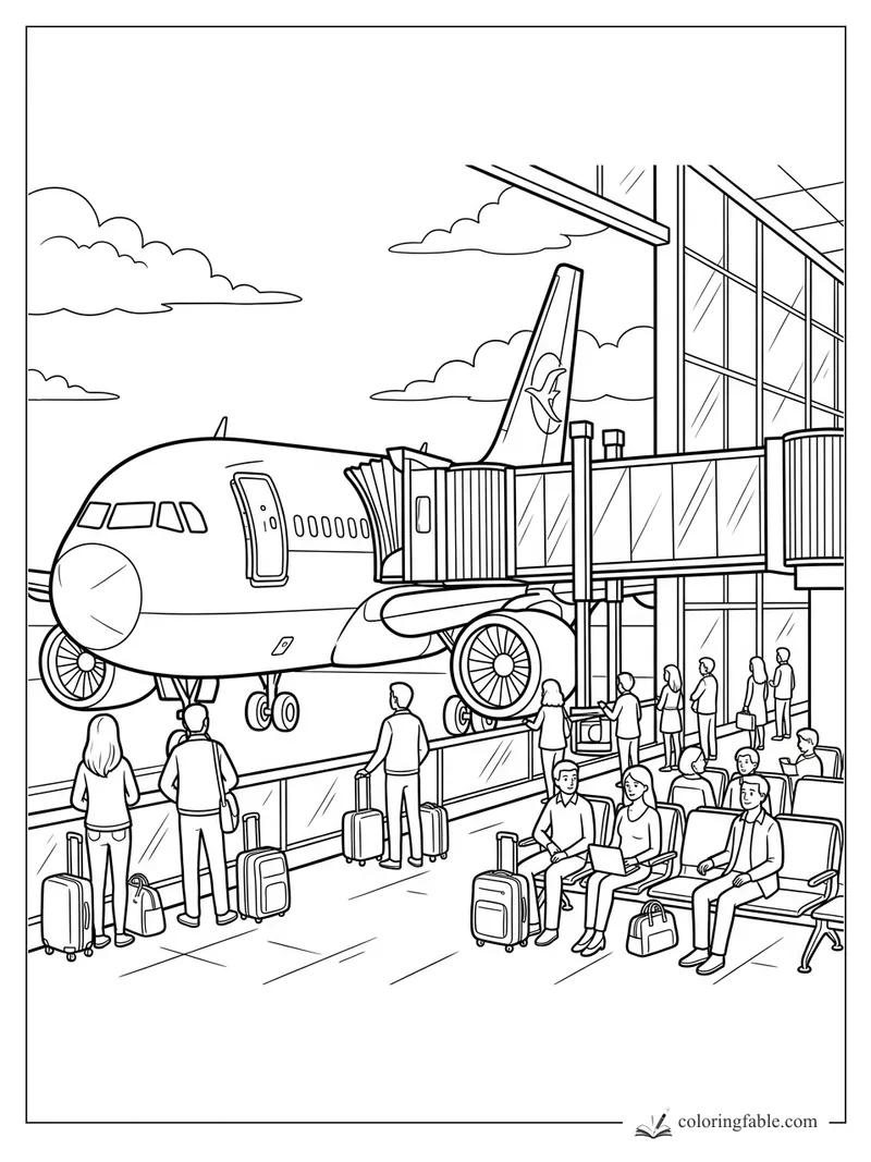 Passenger jet parked at a glass airport gate with jet bridge, travelers, seats, and rolling suitcases