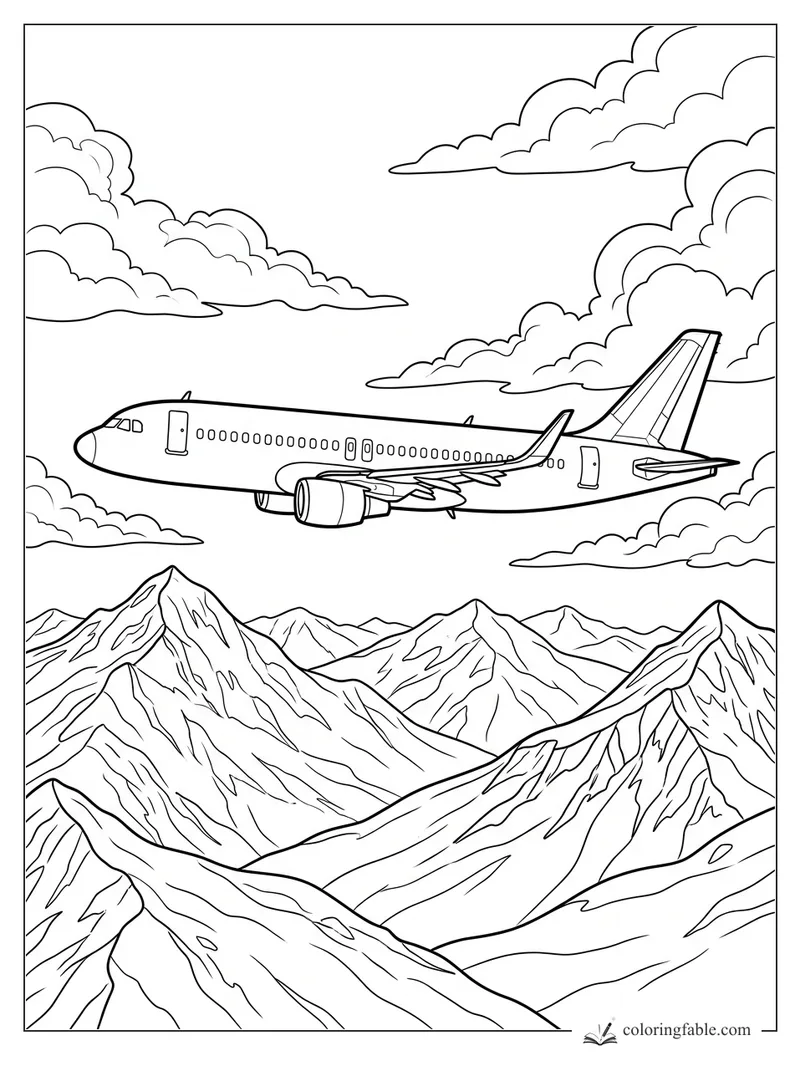 Realistic passenger airplane flying above sharp mountain peaks and layered clouds