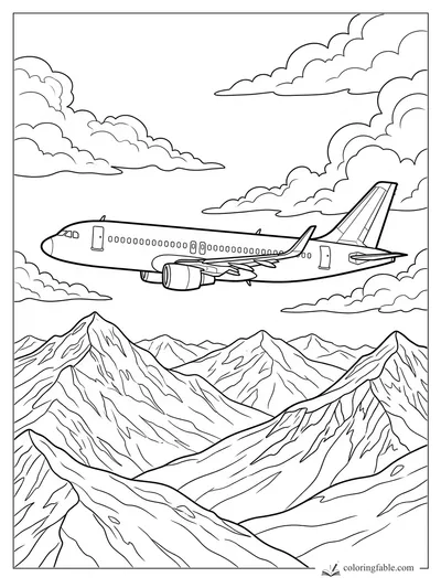 Realistic passenger airplane flying above sharp mountain peaks and layered clouds