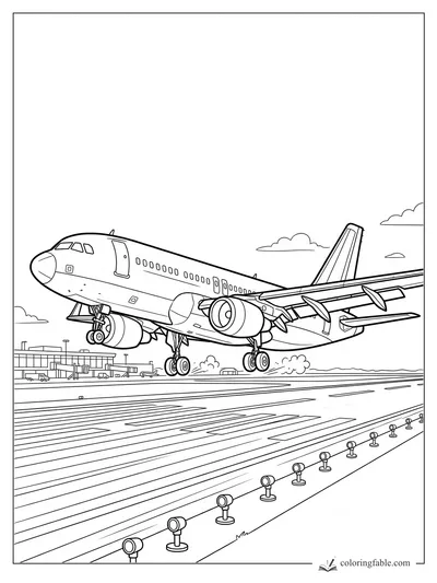 Realistic passenger jet taking off above a runway with landing gear down and airport terminal behind it