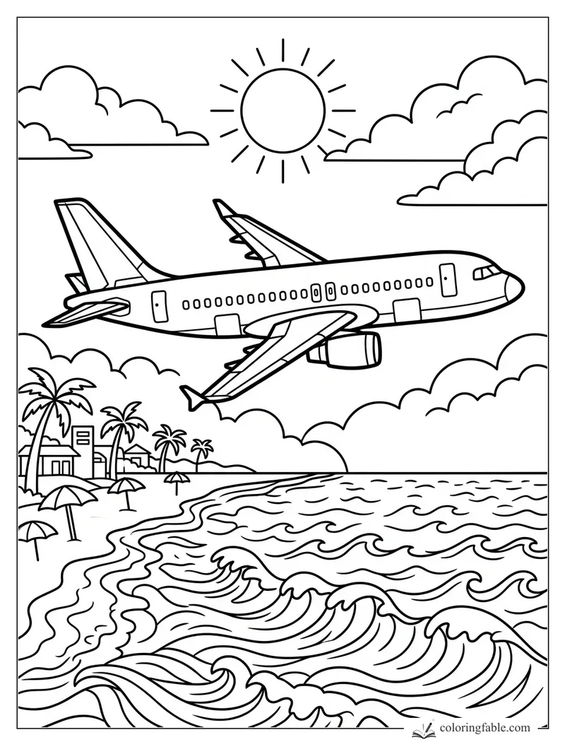 Passenger airplane flying above ocean waves, palm trees, beach umbrellas, clouds, and a bright sun.