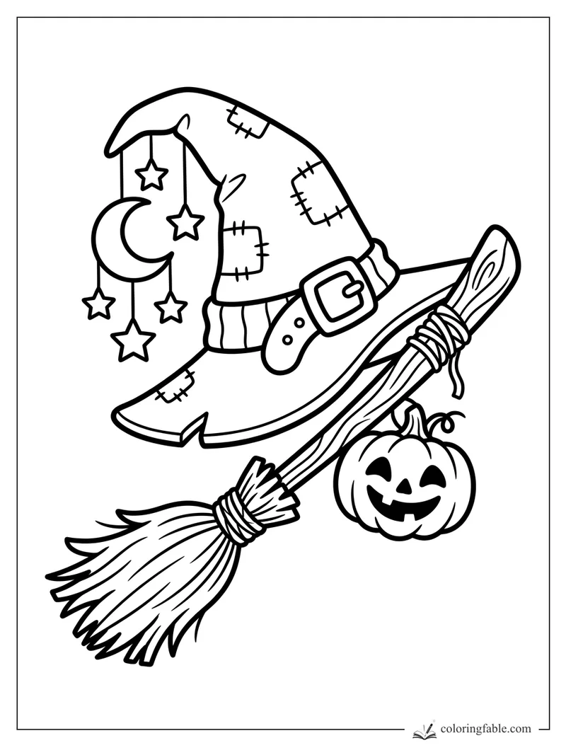 Cartoon witch hat with moon and star charms, broomstick, and smiling jack-o’-lantern for October coloring.