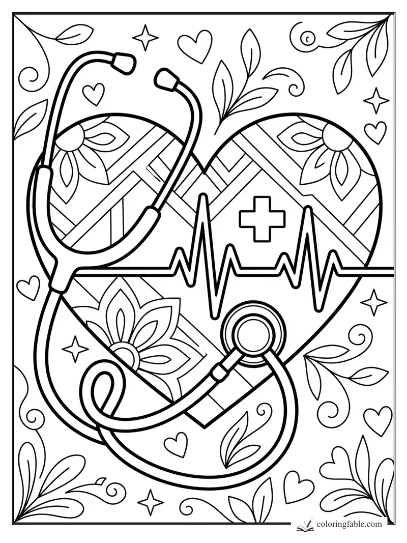 Patchwork heart with stethoscope, heartbeat line, medical cross, flowers, leaves, stars, and small hearts.
