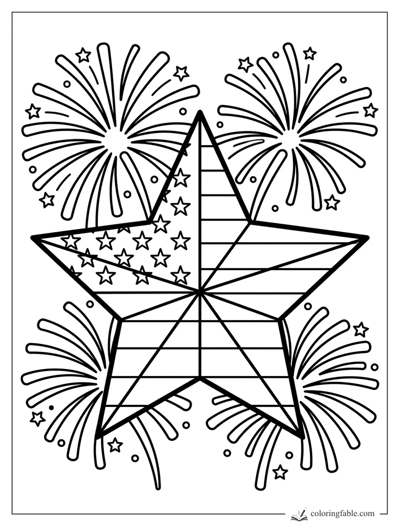 Large patterned star with stripes, small stars, dots, and four bold fireworks bursts