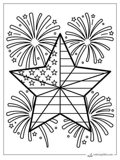 Large patterned star with stripes, small stars, dots, and four bold fireworks bursts