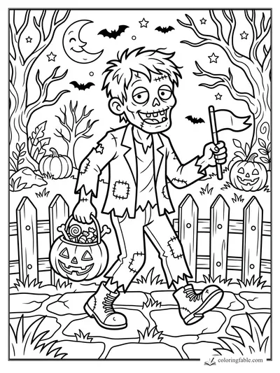 Smiling patchwork zombie carries a jack-o'-lantern candy pail and flag under bats and a crescent moon.