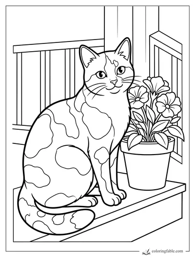 Patchy cat sitting by a potted flower on a railing-lined balcony coloring page