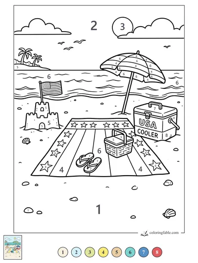 Patriotic Beach Picnic with Sandcastle — color by number