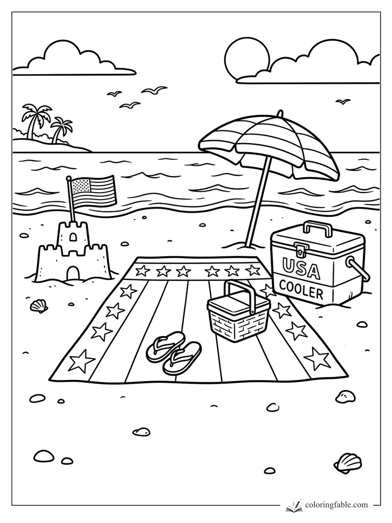 Easy coloring page of a USA cooler, striped beach blanket, umbrella, sandcastle, flag, waves, and palm island.