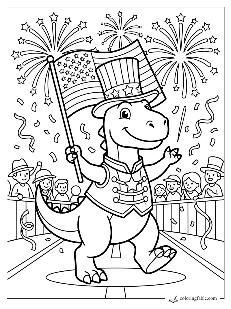 Smiling dinosaur in Uncle Sam hat waves an American flag during a parade with fireworks and confetti.