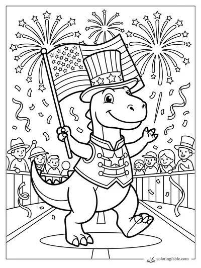 Smiling dinosaur in Uncle Sam hat waves an American flag during a parade with fireworks and confetti.