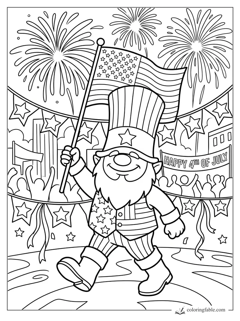 Cartoon gnome in Uncle Sam outfit waving a U.S. flag at a 4th of July parade with fireworks
