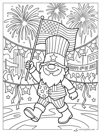 Cartoon gnome in Uncle Sam outfit waving a U.S. flag at a 4th of July parade with fireworks