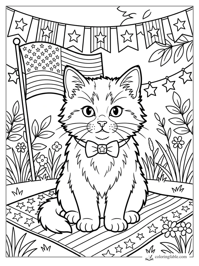 Fluffy kitten with a star bow tie sits on a picnic blanket by a U.S. flag, bunting, flowers, and star garland.