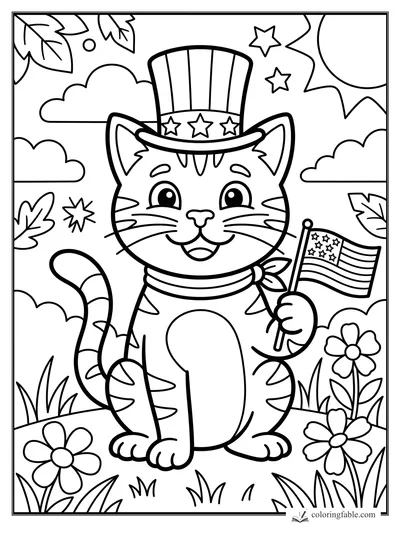 Smiling kitten in a star top hat holding an American flag among clouds, leaves, flowers, and grass.