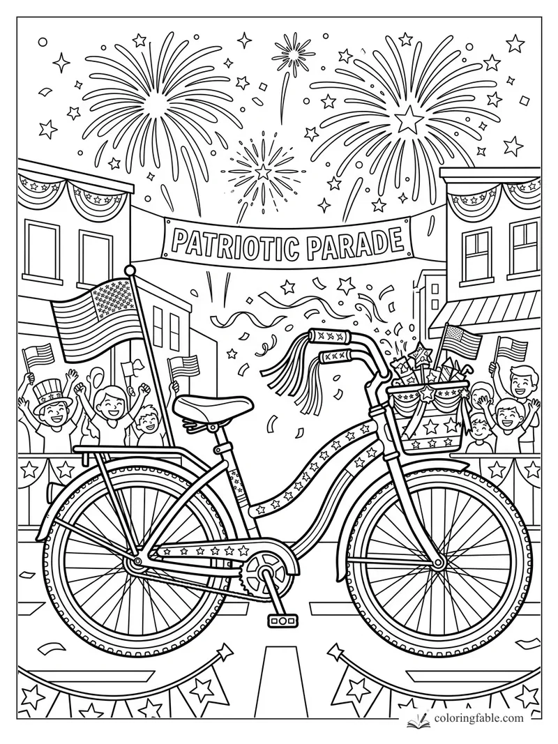 Decorated bicycle at a patriotic parade with flags, cheering kids, bunting, confetti, and fireworks