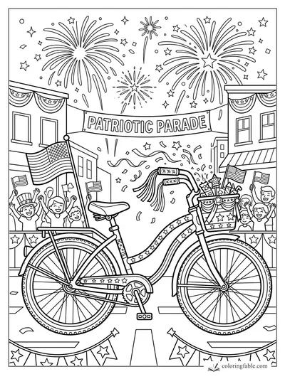Decorated bicycle at a patriotic parade with flags, cheering kids, bunting, confetti, and fireworks