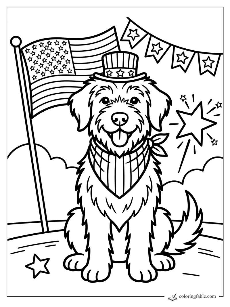 Happy shaggy dog in a star top hat, striped bandana, U.S. flag, bunting, and fireworks stars.