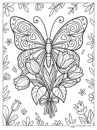 Floral butterfly coloring page with swirled wings, heart shapes, tulips, leaves, and ribbon bow