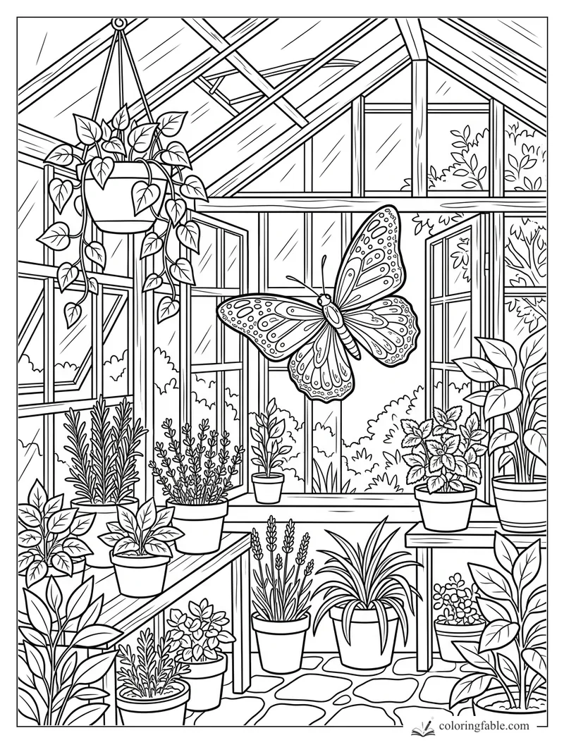 Patterned butterfly flying among potted plants, hanging vines, glass panes, and roof beams in a greenhouse