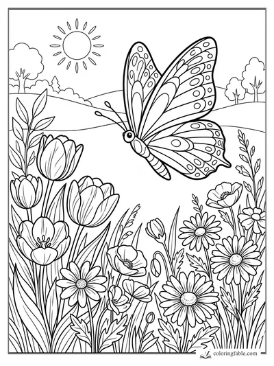 Patterned butterfly flying above tulips, daisies, poppies, rolling hills, trees, and a bright sun.