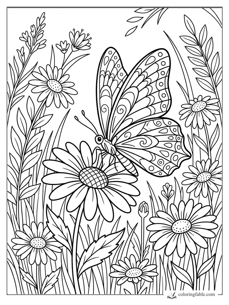 Patterned butterfly perched on a large daisy among tall stems, leaves, buds, and smaller daisy flowers.