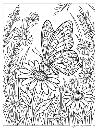 Patterned butterfly perched on a large daisy among tall stems, leaves, buds, and smaller daisy flowers.