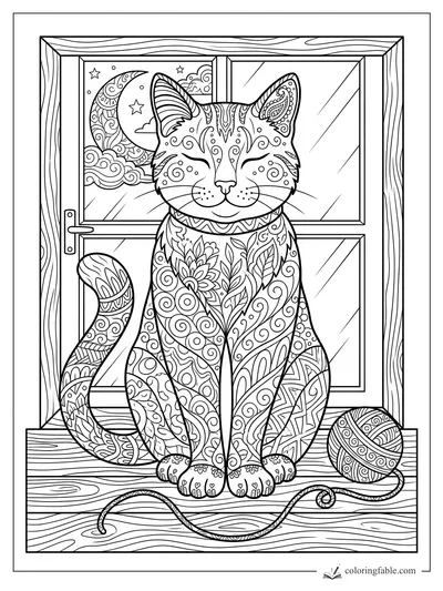 Zentangle cat sitting by a paneled window with crescent moon, stars, yarn ball, and wood floor