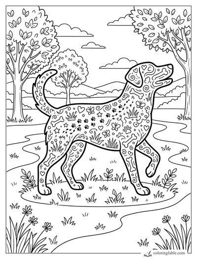 Intricate doodle dog with bones, paw prints, hearts, butterflies, trees, clouds, and winding park paths