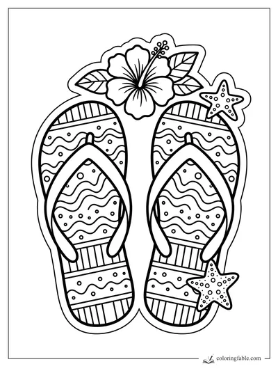 Sticker-style flip-flops with wavy patterns, hibiscus flower, leaves, and two starfish