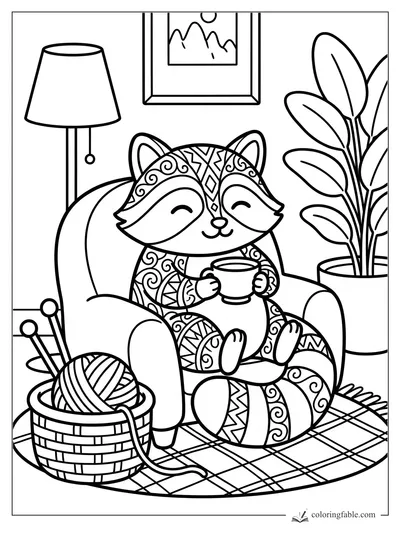 Intricate raccoon coloring page with teacup, yarn basket, floor lamp, houseplant, and mountain picture