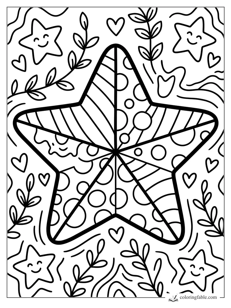 Bold zentangle star with stripes, dots, leaves, hearts, and smiling small stars