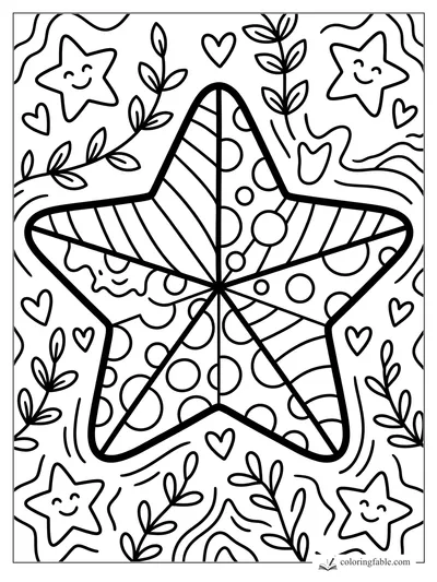 Bold zentangle star with stripes, dots, leaves, hearts, and smiling small stars