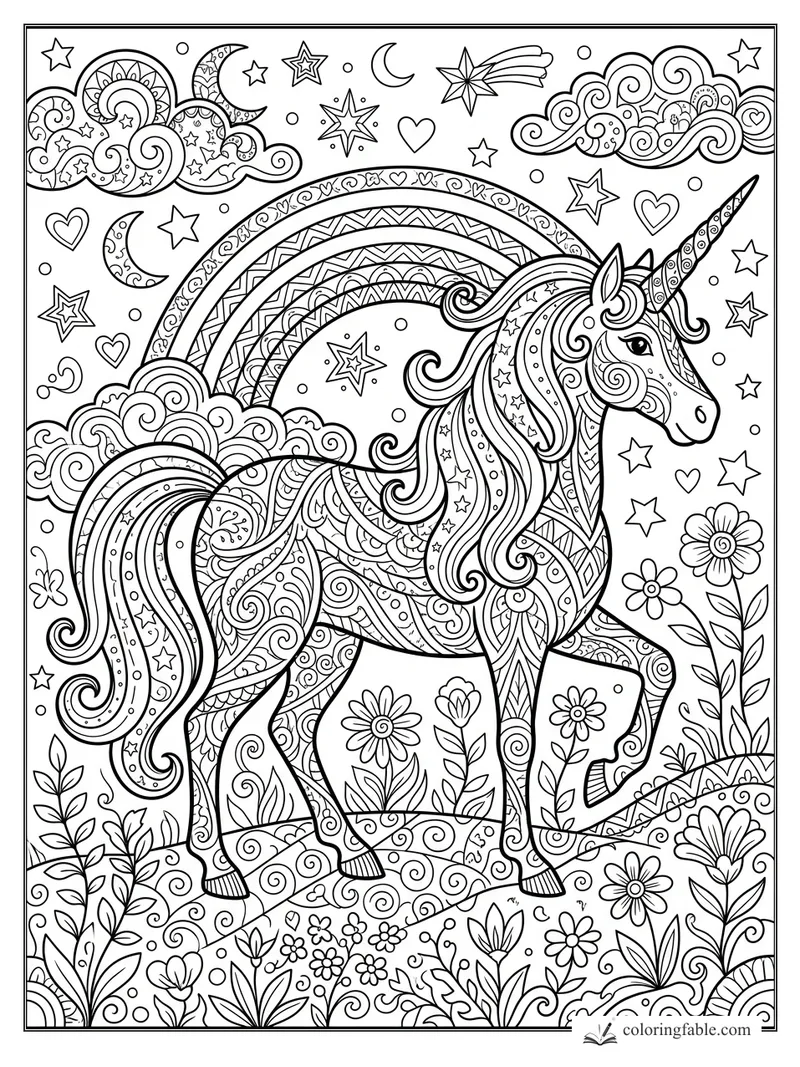 Zentangle unicorn with flowing mane, rainbow, clouds, stars, hearts, moons, and flowers