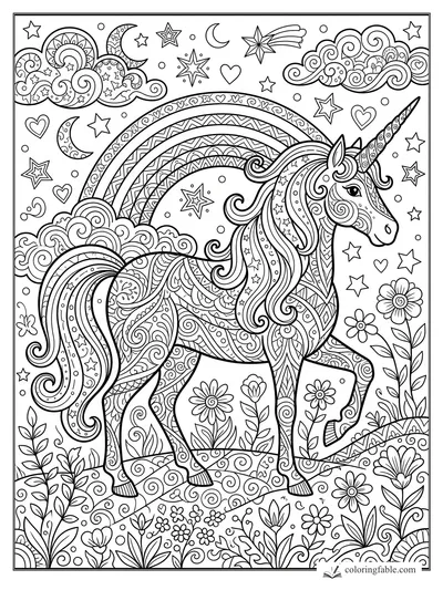 Zentangle unicorn with flowing mane, rainbow, clouds, stars, hearts, moons, and flowers
