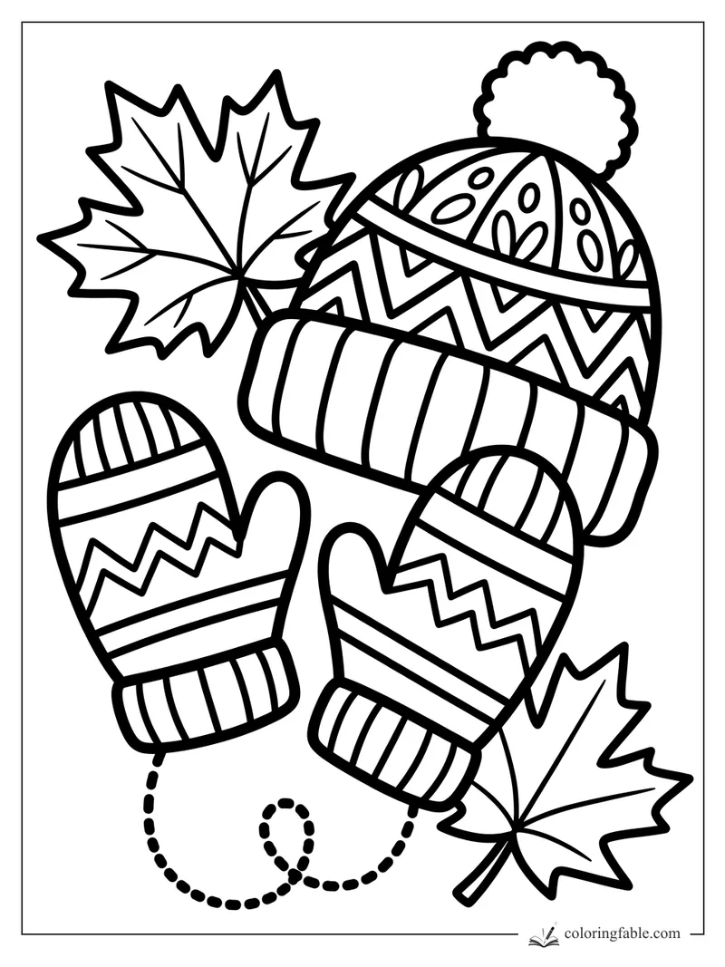 Bold coloring page of a patterned pom-pom hat, two mittens, and maple leaves for fall.