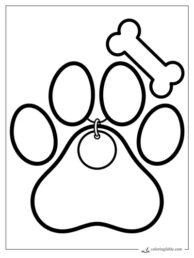 Bold dog paw print with four toe pads, a round collar tag, and a bone above it
