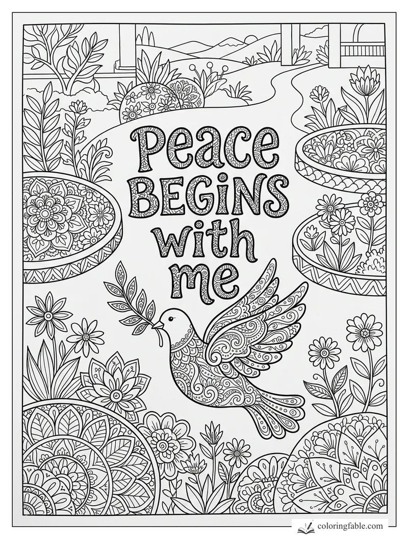 Intricate zentangle coloring page with a dove, garden paths, flowers, and the words Peace Begins with Me.