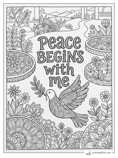 Intricate zentangle coloring page with a dove, garden paths, flowers, and the words Peace Begins with Me.
