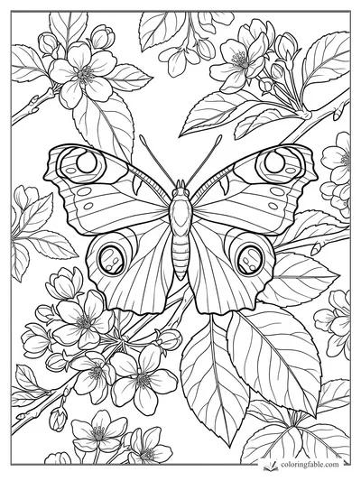 Realistic peacock butterfly with eye-spotted wings among blossoms, buds, and serrated leaves