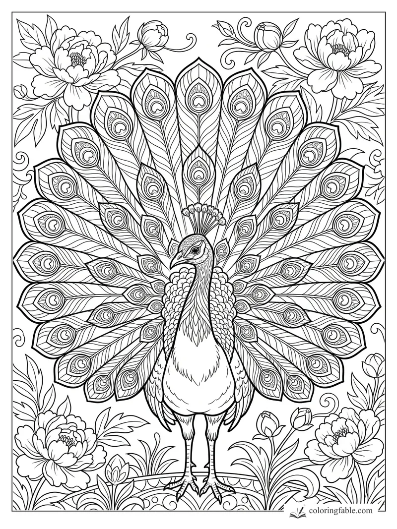 Peacock coloring page with a wide patterned tail fan, peony flowers, buds, leaves, and curling vines.