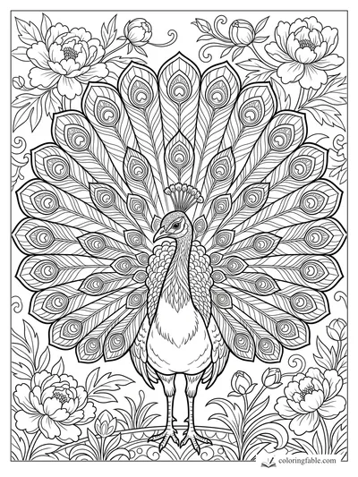 Peacock coloring page with a wide patterned tail fan, peony flowers, buds, leaves, and curling vines.