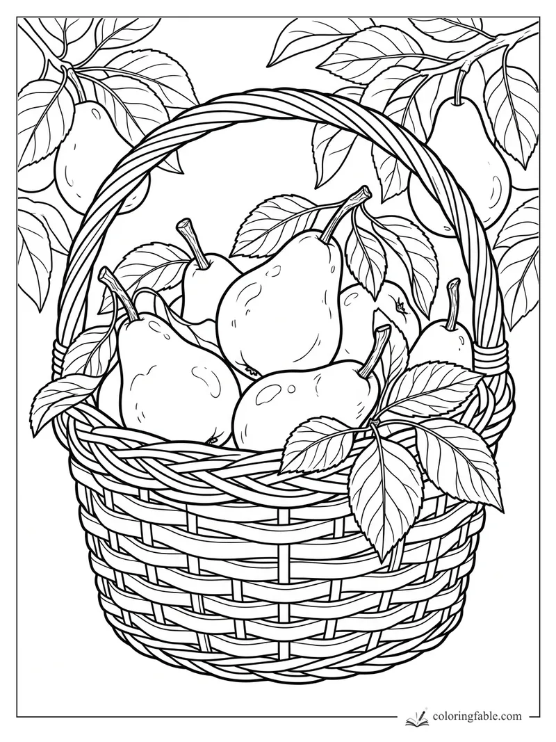 Woven basket filled with pears, leaves, and arched handle under pear tree branches