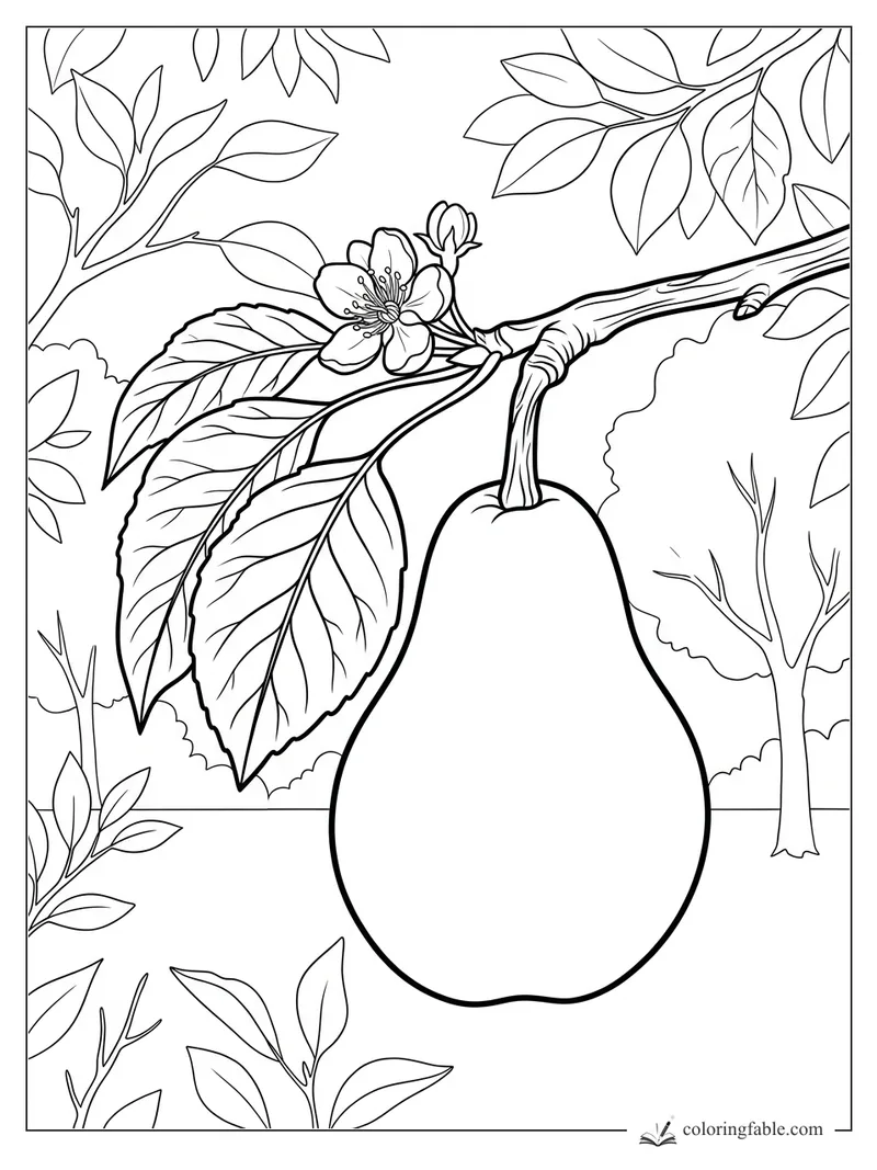 Realistic pear hanging from a branch with blossoms, leaves, and orchard trees in the background