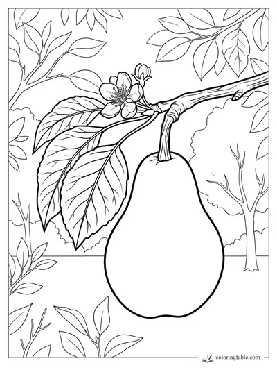 Realistic pear hanging from a branch with blossoms, leaves, and orchard trees in the background