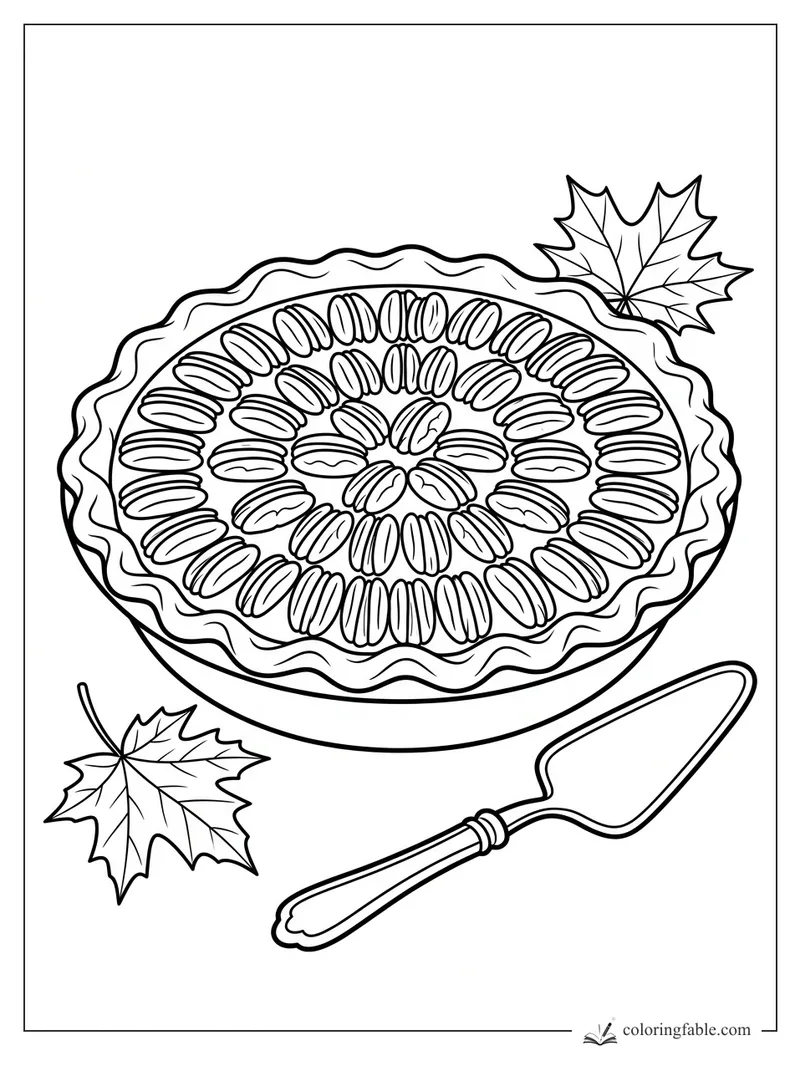 Realistic pecan pie coloring page with spiral pecans, fluted crust, maple leaves, and pie server