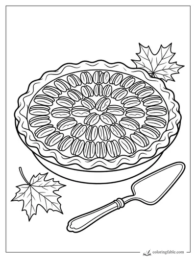 Realistic pecan pie coloring page with spiral pecans, fluted crust, maple leaves, and pie server